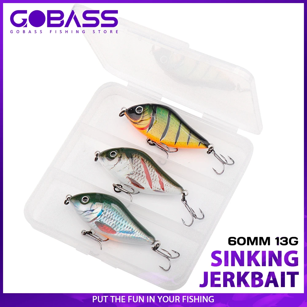 

GOBASS 3pcs Slow Sinking Wobblers for Pike Fishing Lure Set 60mm 13g Rattling And Vib Musky Hard Plastic Artificial Jerkbait Kit