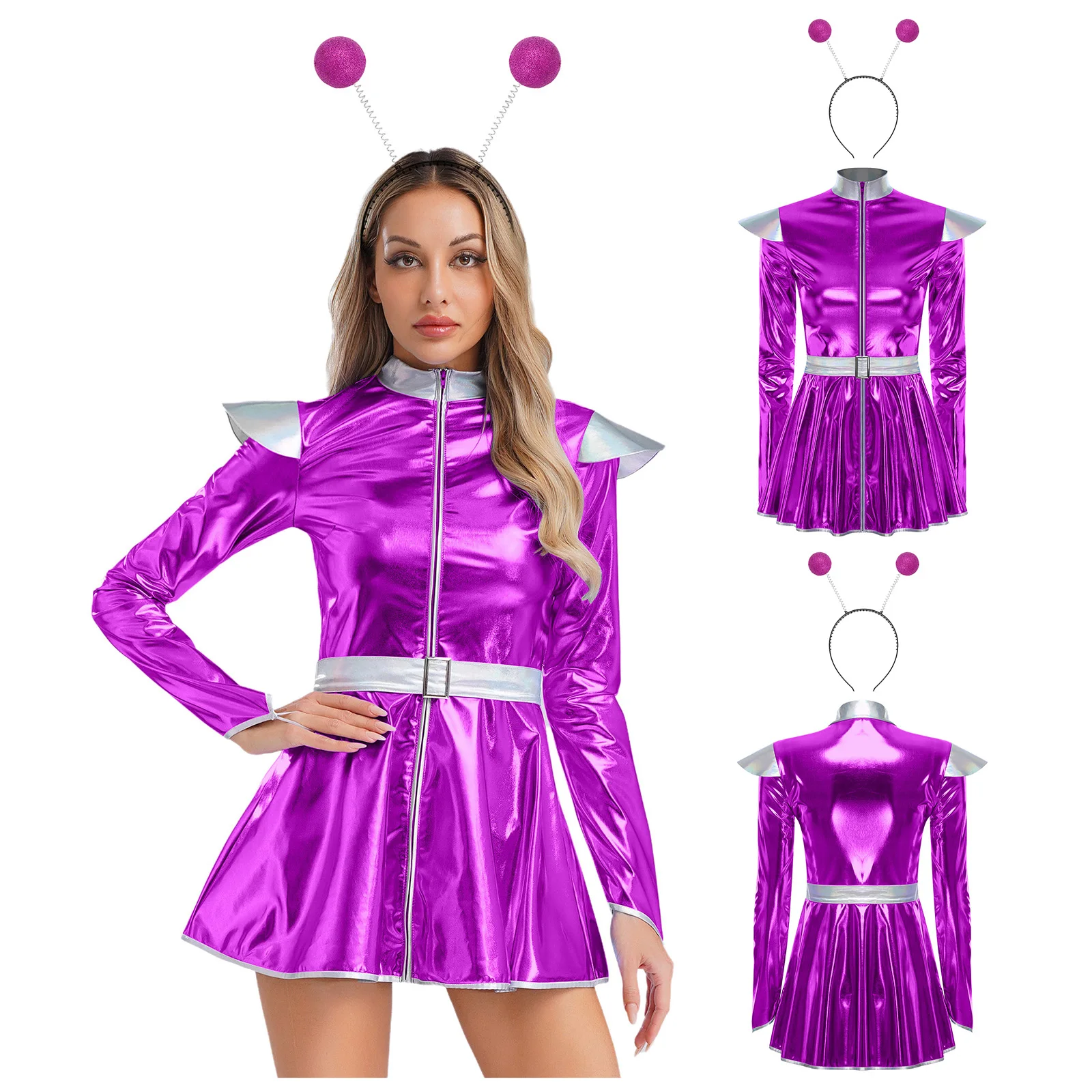 

Women Long Sleeve Metallic Tutu Dress for Alien Astronaut Cosplay Fancy Dress with Hair Hoop for Halloween Space Themed Party