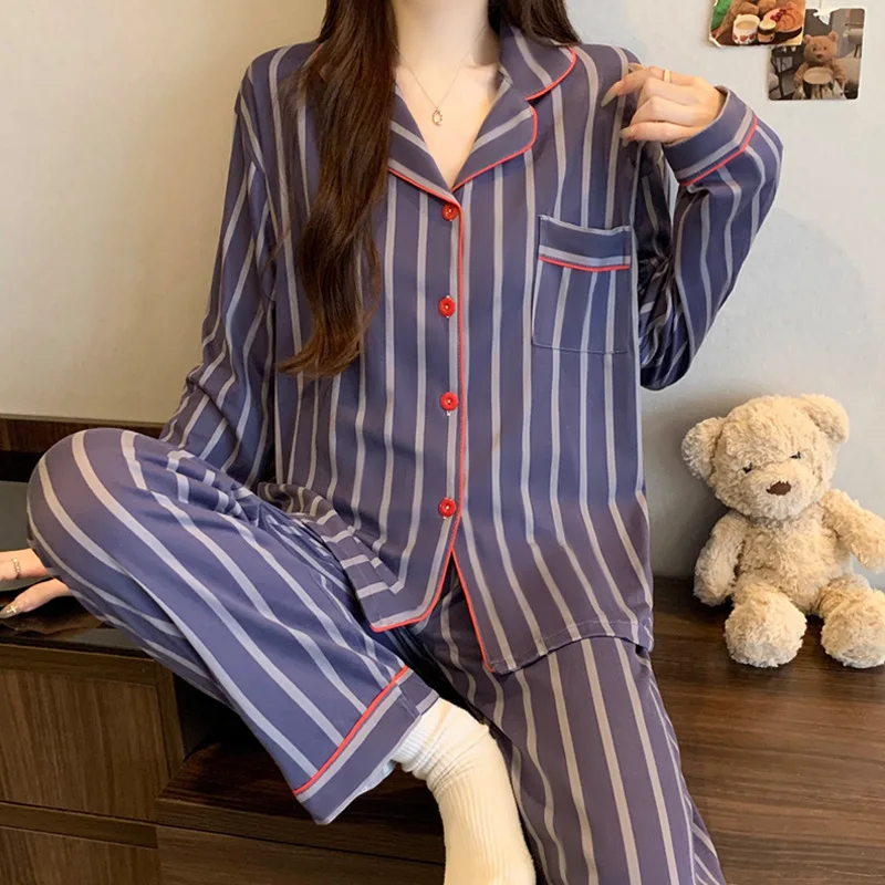 

Women's Spring and Autumn Long Sleeved Retro Lazy Style Loose Home Suit Set with Striped Pajamas Students Plus Size Sleepwear