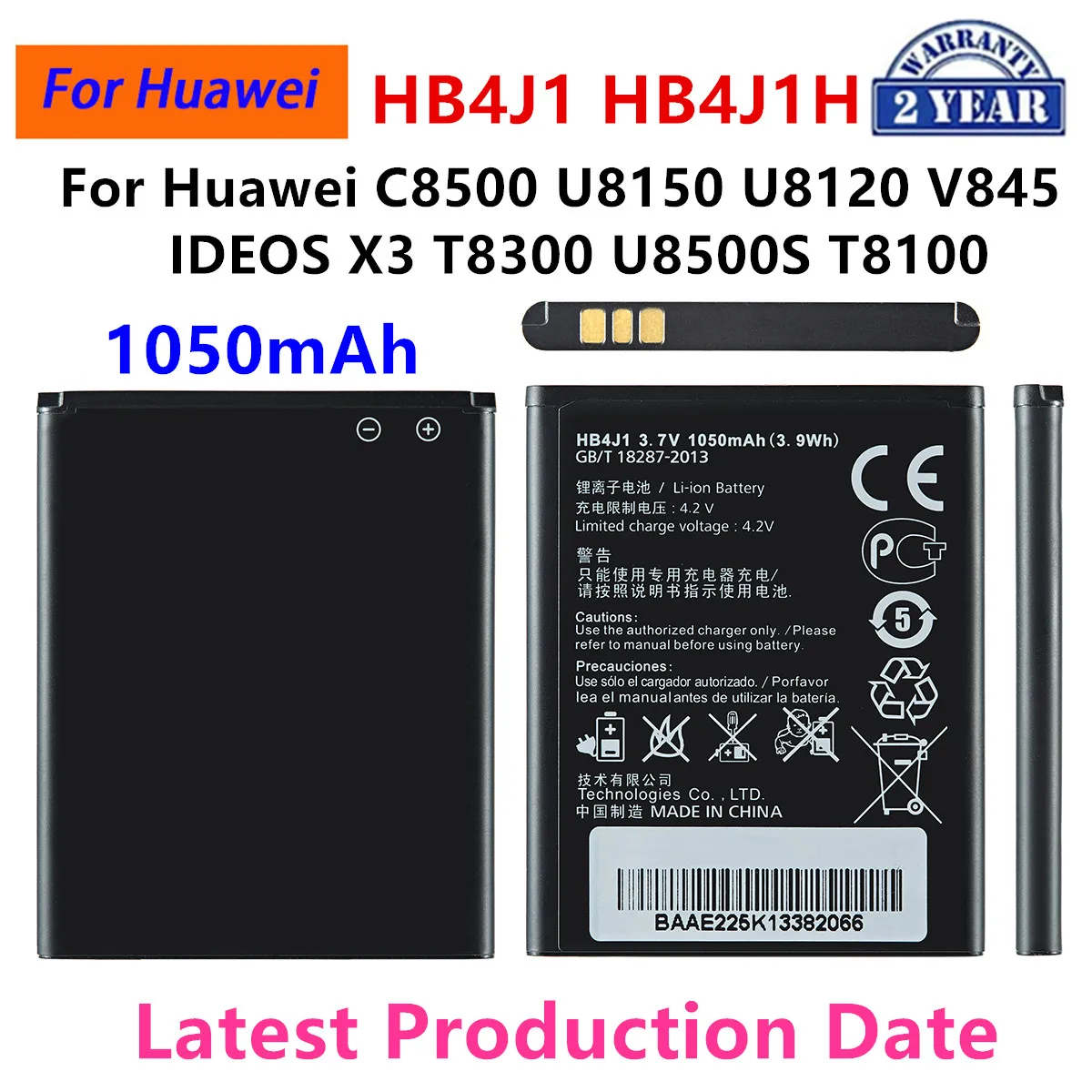 

100% Orginal HB4J1/HB4J1H Battery 1050mAh For Huawei C8500 U8150 U8120 V845 IDEOS X3 T8300 U8500S T8100