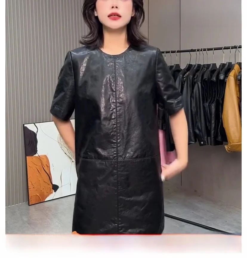 2025 New Women's Leather Dr Casual Cool Faionable Mid-Length Biker Sle Zipper Closure Loose Fit round Ne ort Sve