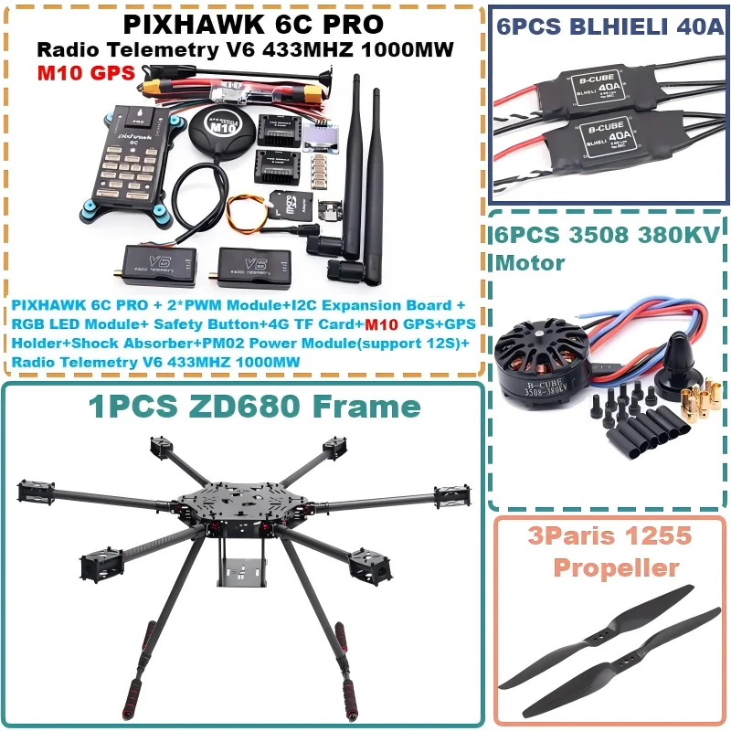 

Rctosky ZD680 6C PRO M10 Full Carbon Fiber Hexa-Rotor Foldable Arm Hexacopter Frame Kit PIXHAWK with Unflodable Landing Gear