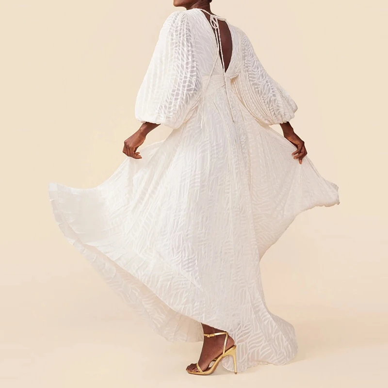 Feminino novo branco jacquard drapeado vestido de festa à noite senhora cintura alta em camadas vestido sexy profundo v lanterna manga longa vestido bainha grande