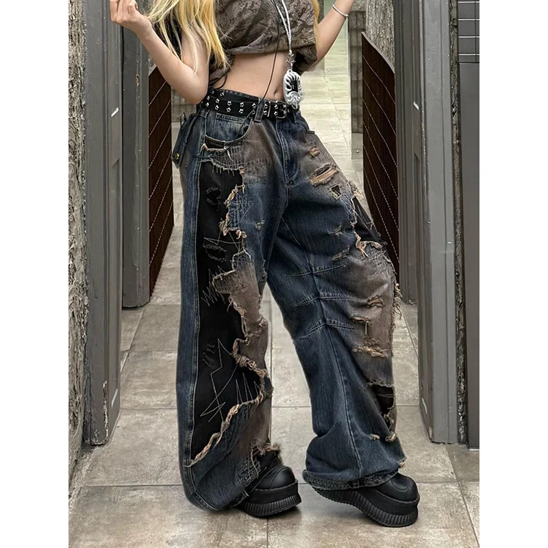 

Женские винтажные темно-синие рваные джинсы, осень 2022, мешковатые джинсовые брюки в стиле Харадзюку Y2k, японские брюки оверсайз 2000-х годов в стиле гранж, одежда