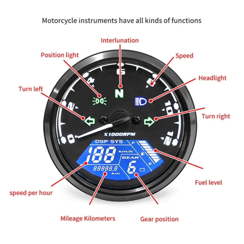 For CG125 Scooter Motorbike Speedometer Tachometer Gauge Panel Round Speed Meter LED Accessories Universal 12V GTWS