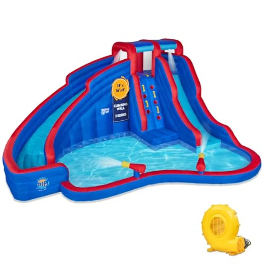 

Double Dip Inflatable Water Slide Park with Climbing Wall 2 Slides Splash Pool Heavy-Duty Outdoor Water Playground in Blue Easy