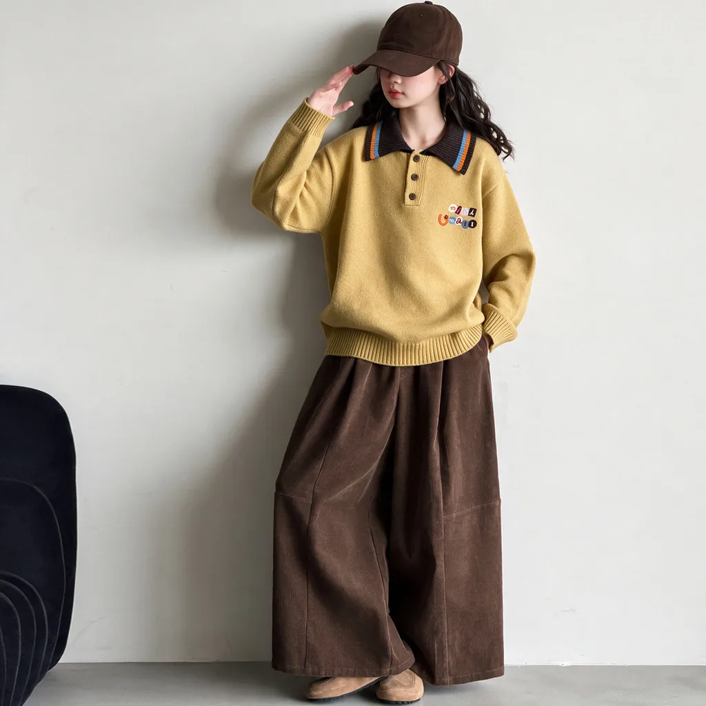 Girls Sweater Polo Collar Yellow Letter Embroidery Autumn Children Tops 2026 Soft Comfortable