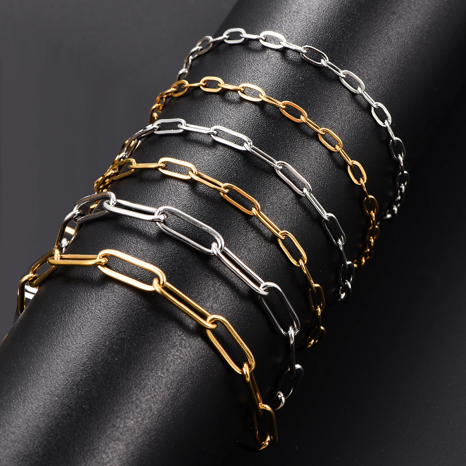 Pulsera de cadena de eslabones con clip de papel de 2,5/2,7/4mm de ancho, cadena larga de acero inoxidable de Color dorado Punk para mujeres y hombres, regalo de joyería