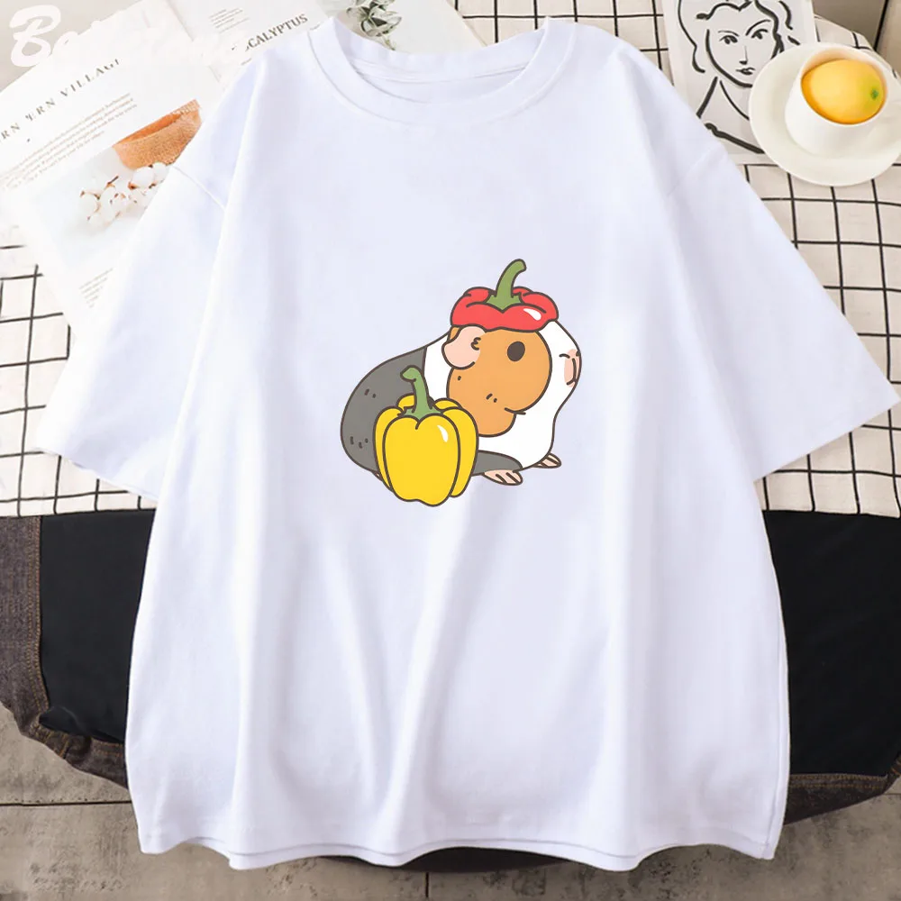 Camiseta clásica con estampado de tomates y conejillos de indias, campana, pimienta, cereza, estampado Kawaii de dibujos animados Harajuku, ropa de verano con personalidad para mujer