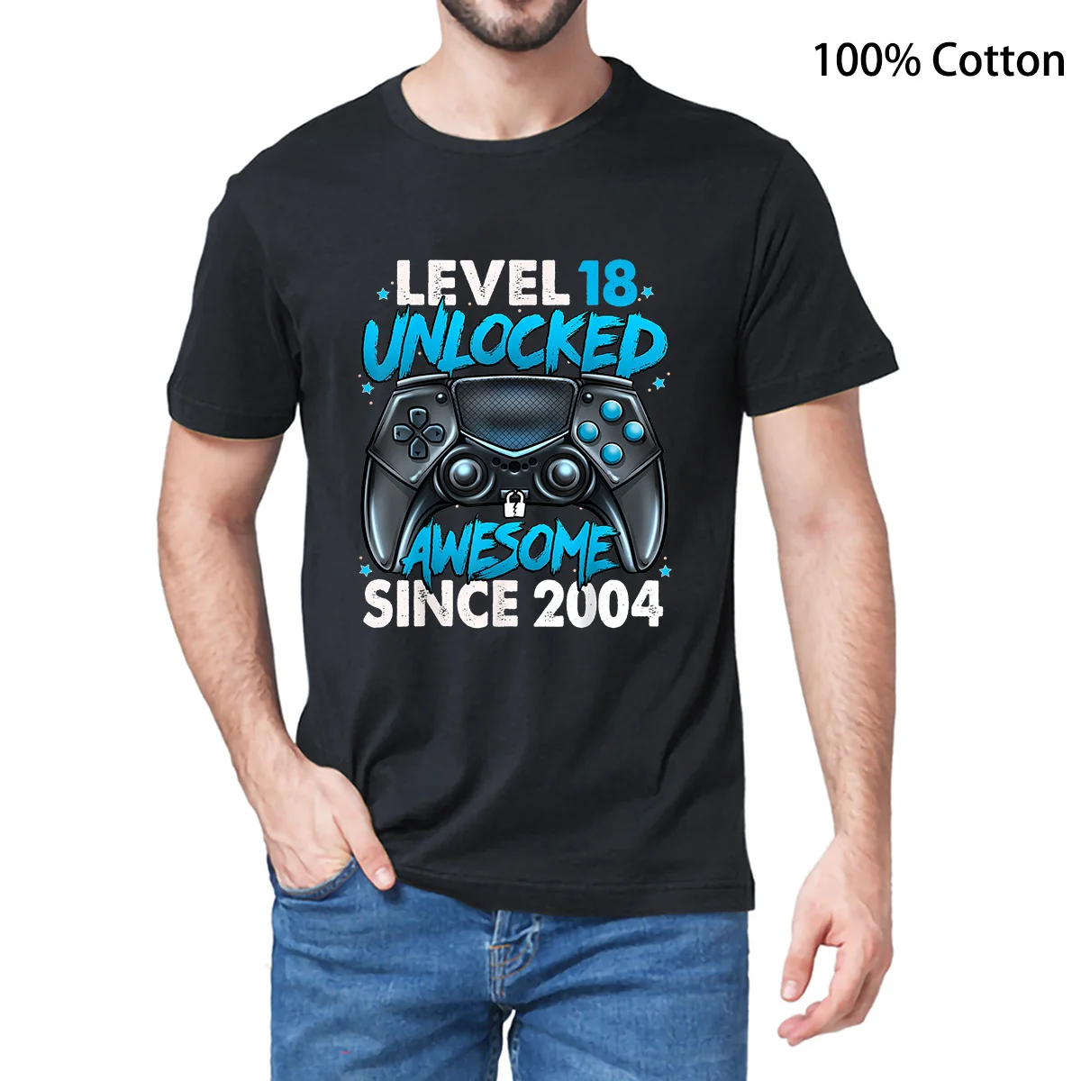 

100% Cotton Level 18 Unlocked Awesome Since 2004 11th Birthday Gaming Men's Casual T-Shirt Streetwear Harajuku Summer Soft Tee