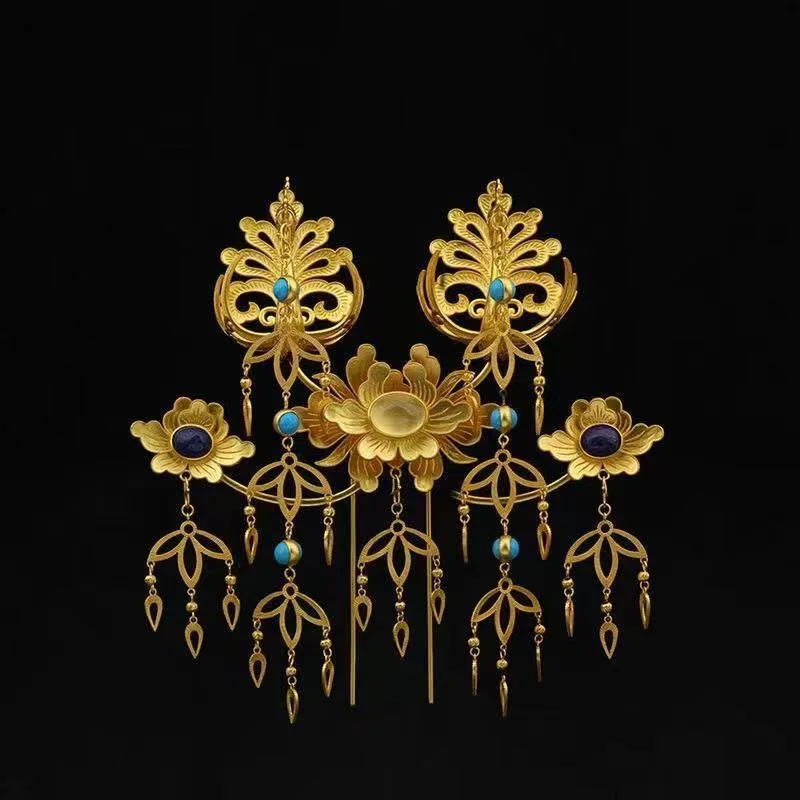 

Золотая медная заколка для волос в стиле династии Тан, вдохновленная картиной придворных дам, украшение для волос в стиле ханьфу для женщин, культурный подарок