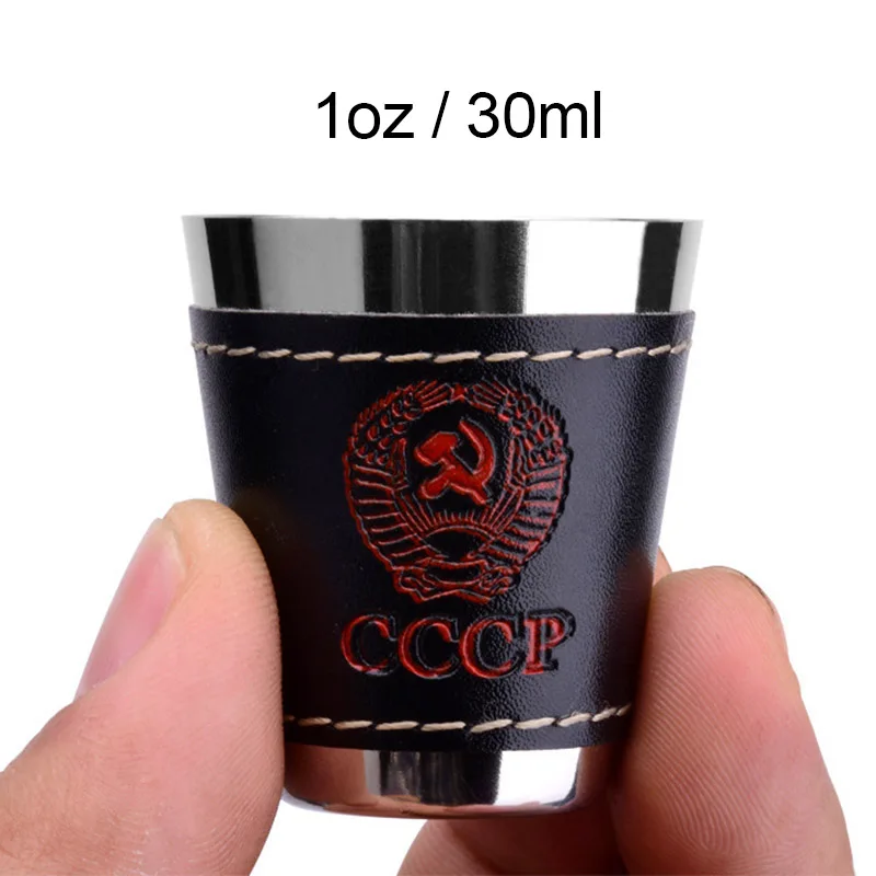 1/2oz Stainless Steel Wine Cups With Black Leather Carrying Case Outdoor Camping Russia CCCP Whiskey Alcohol Shot Hip Flask Cup