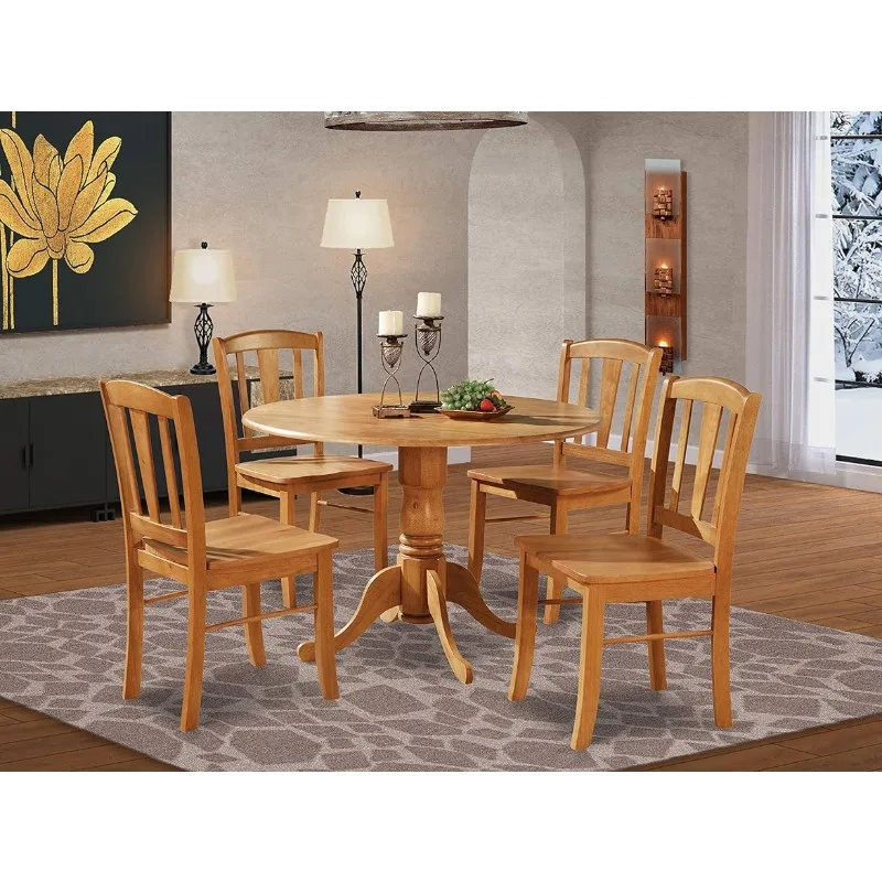 

Dublin 5 Piece Kitchen Set for 4 Includes a Round Room Table with Dropleaf and 4 Dining Chairs, 42x42 Inch, Oak