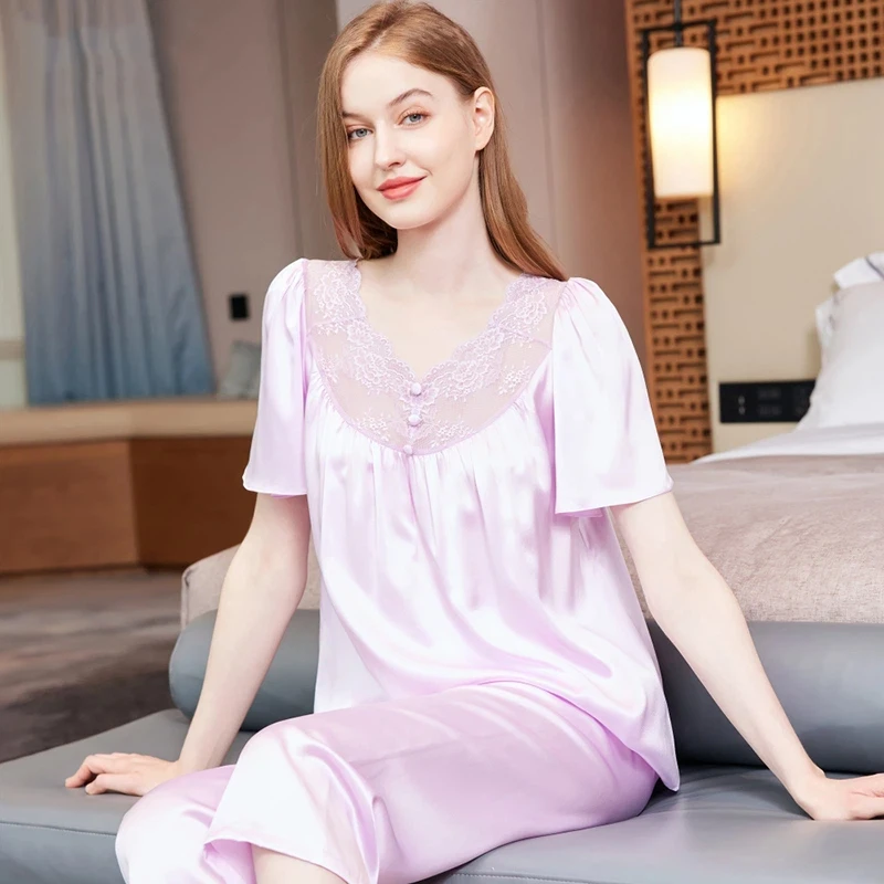 Summer Women's Silk Pajamas Set Short Sleeve & Pants 100% Mulberry Silk Loose Comfortable Pullover Homewear Sleepwear Loungewear