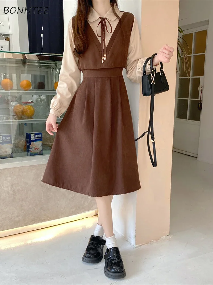 Vestidos de veludo vintage femininos preppy falsos duas peças reduzindo a idade outono moda coreana rendas roupas estéticas diariamente ins