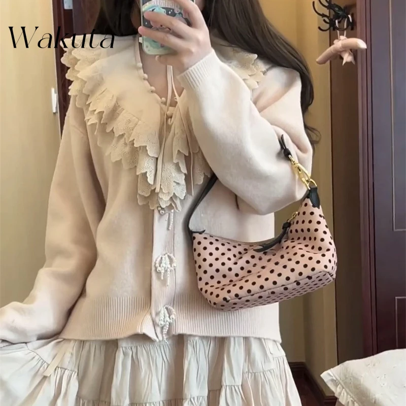 WAKUTA Japanese Spring/Autumn Temperament Elegant Sweet Long Sleeved Knitted Sweaters Solid Bow Pearl Button Cardigan Y2k Jacket