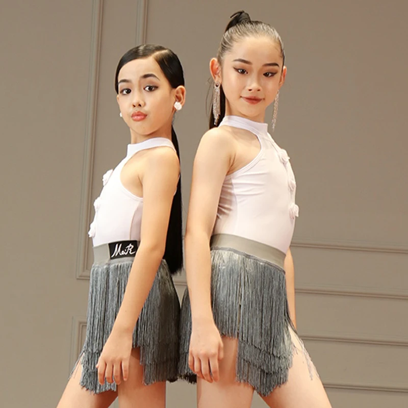 New Girls Latin Dance Clothes Summer Training Practice Wear White Tops Gray Tassel Skirt Sleeveless Performance Costume DNV21220