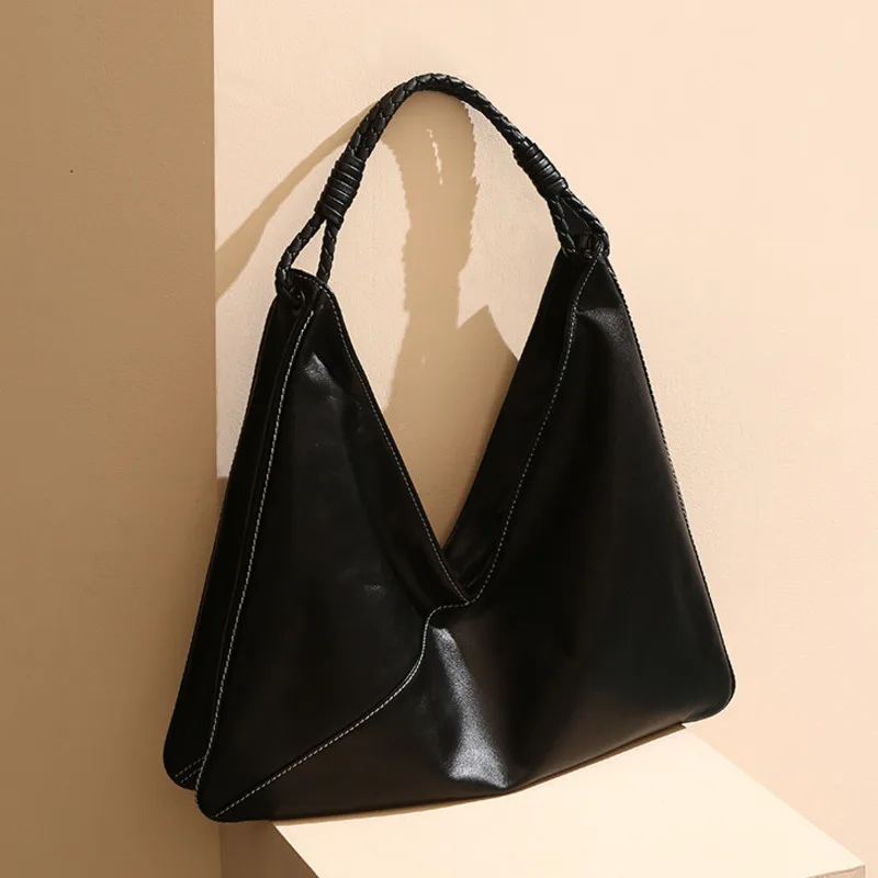 Korean Niche Top Layer Cowhide Tote Simple High-end Commuting Armpit Genuine Leather Women Bag Hand-held Shoulder Ladies Handbag