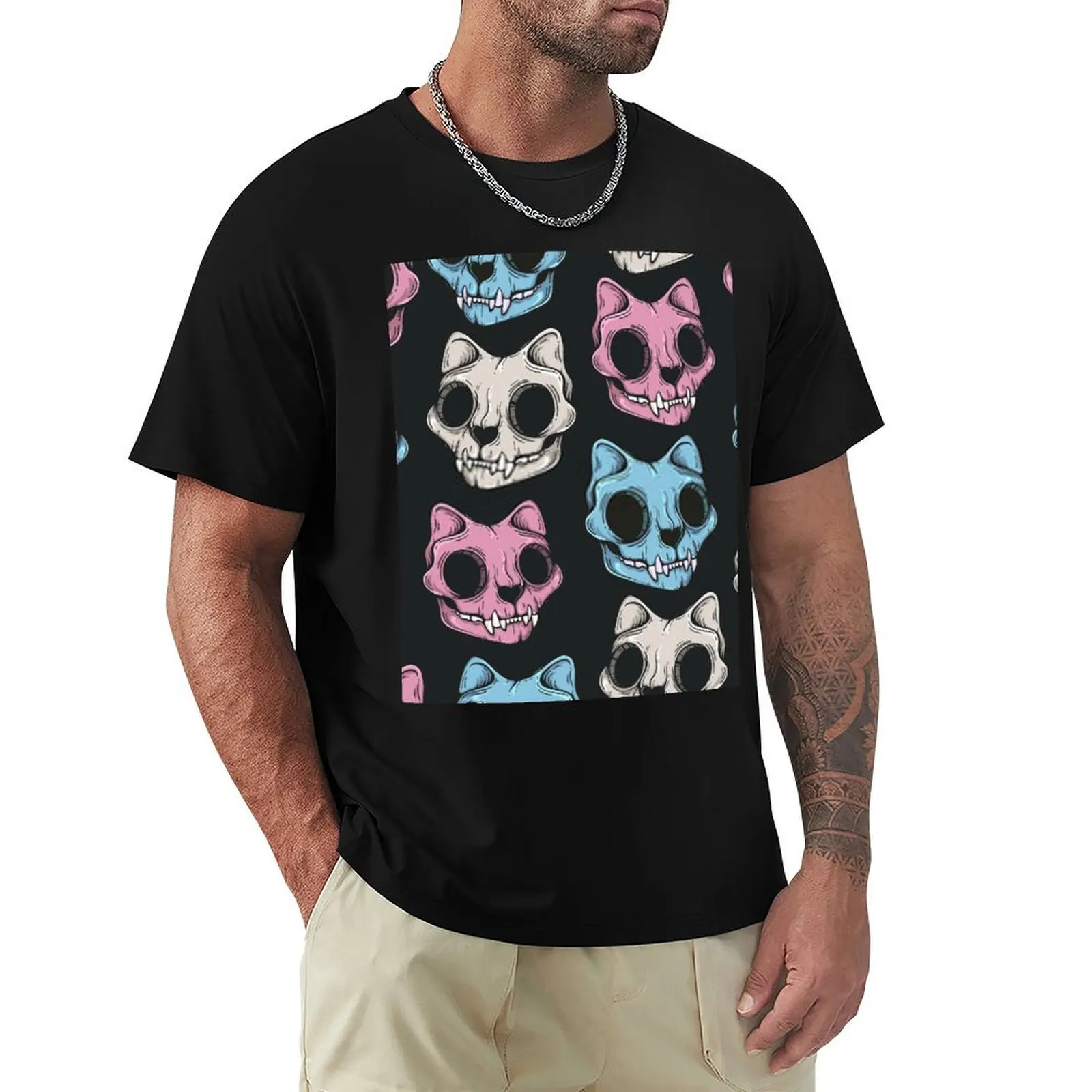 Cat skull seamless pattern Scary Horror Mask Halloween 2020 T-Shirt Plus Size Gym Sports T-Shirt
