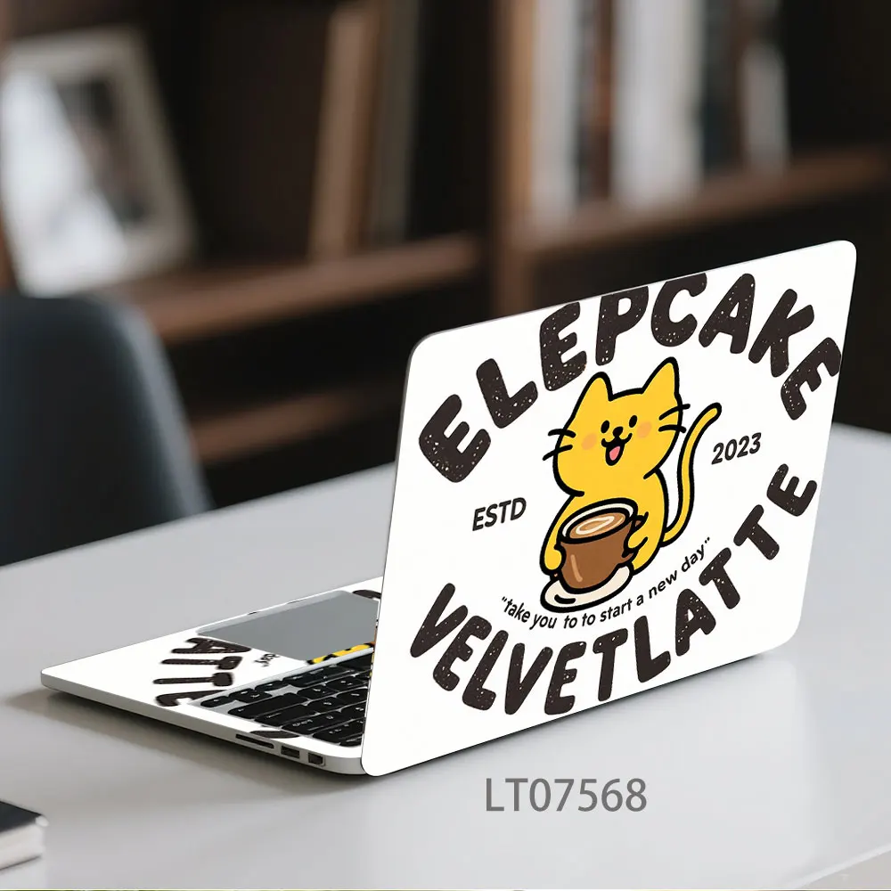2PCS Cute Coffee Cat Laptop Skin Sticker, Retro Cartoon Velvet Latte Logo Decal Cover for Macbook HP Dell Lenovo