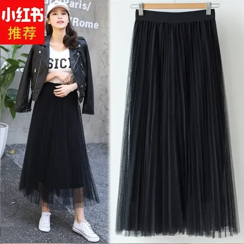 wang sha qun Long Pleated Skirt High-Waisted A- line Skirt Woman Skirts Mujer Faldas Saias Mulher