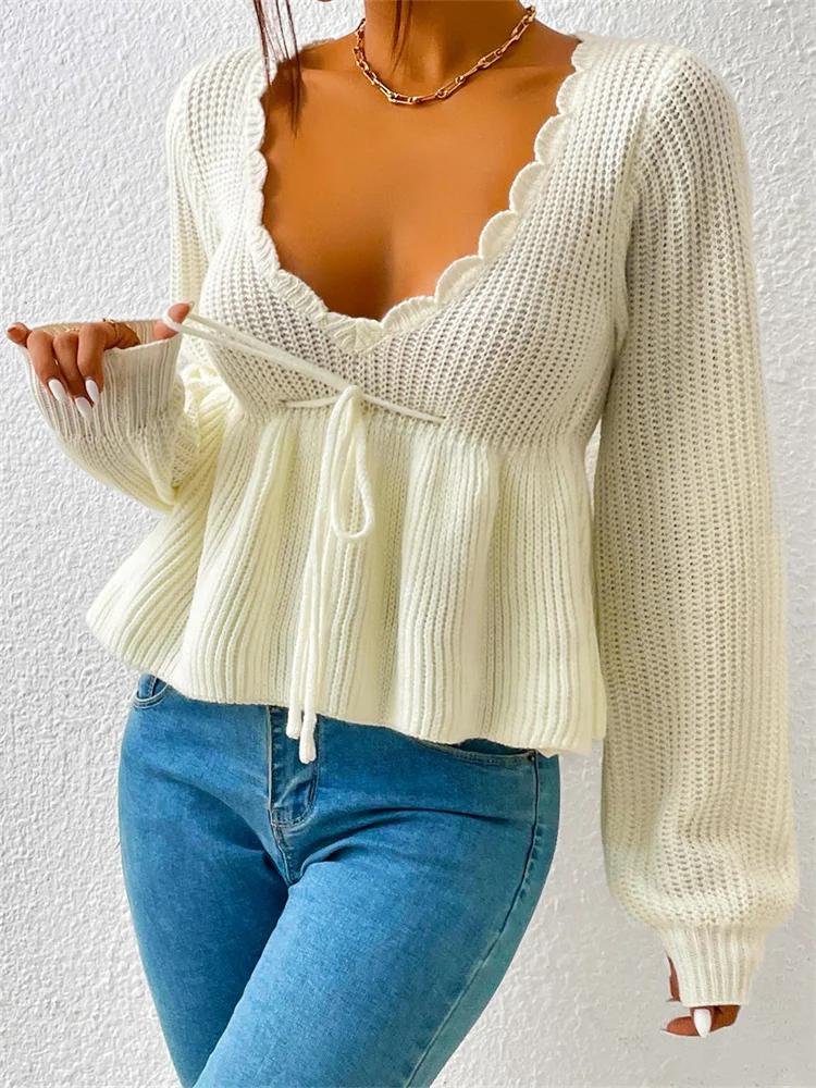 Elegant Women Spring Fall Knitted Sweaters Tops Solid Long Sleeve Waist Drawstring Knitwear V-neck Low Cut Pullovers