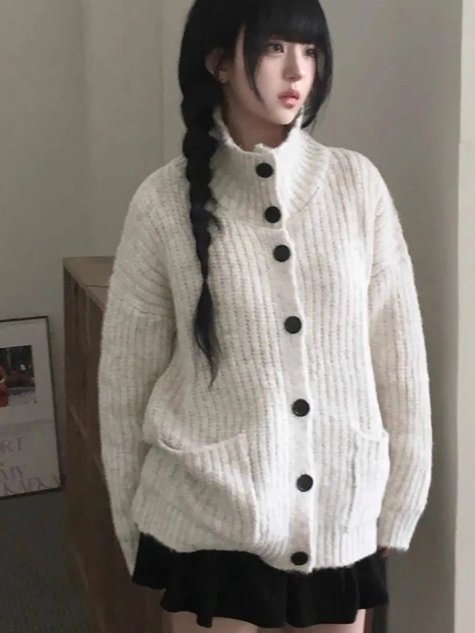 

Thiened Knitted Sweater Coat Women's Loose Fit Stand Collar Button up Cardigan Retro Sle Autumn Winter Outerwear