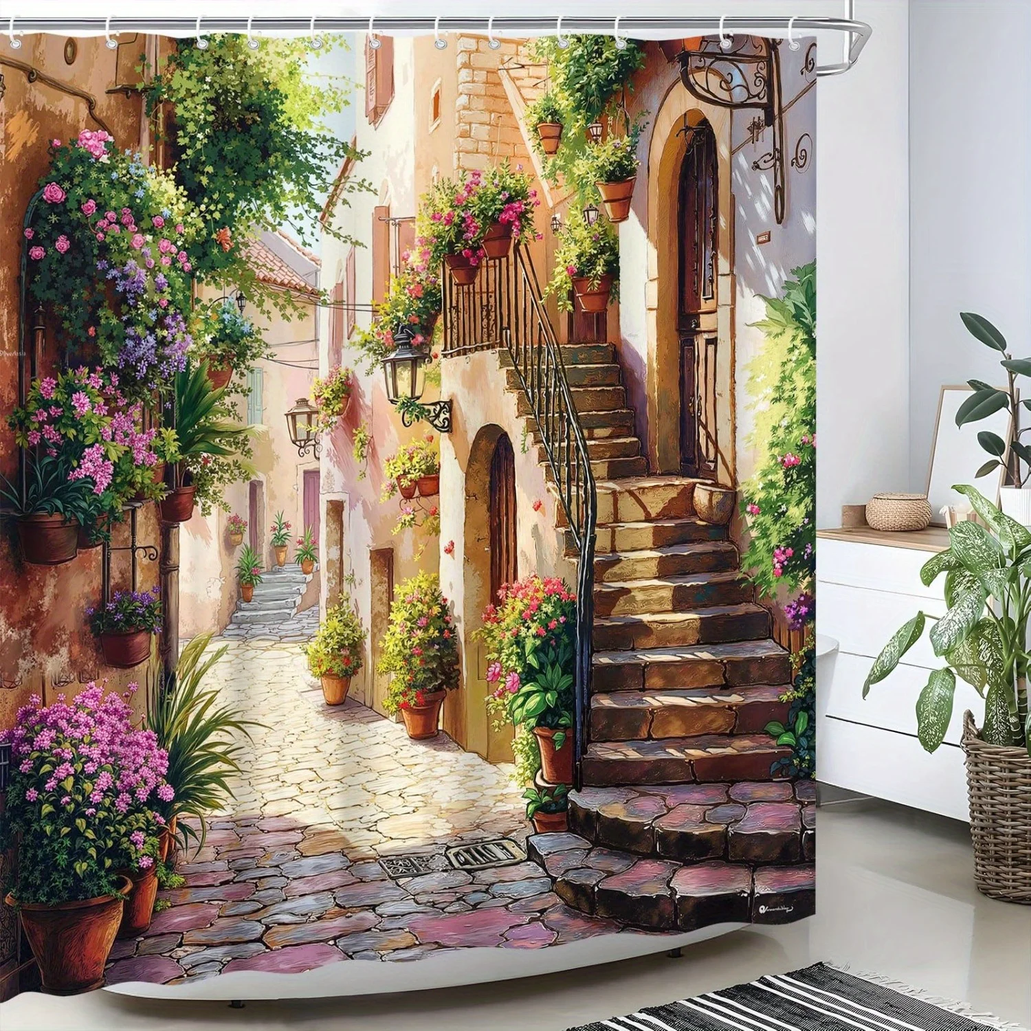 

Европейская уличная занавеска для душа, цветок, алли, каменная дорожка, дизайн, средиземноморское искусство, романтический домашний декор, водонепроницаемая печатная ванна