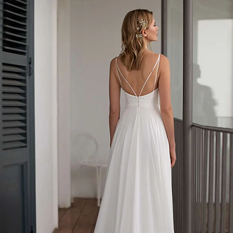 Simple V-Neck Sleeveless Wedding Dresses Chiffon Spaghetti Straps Open Back Bridal Gowns A-Line Train Robe De Mariée Customized