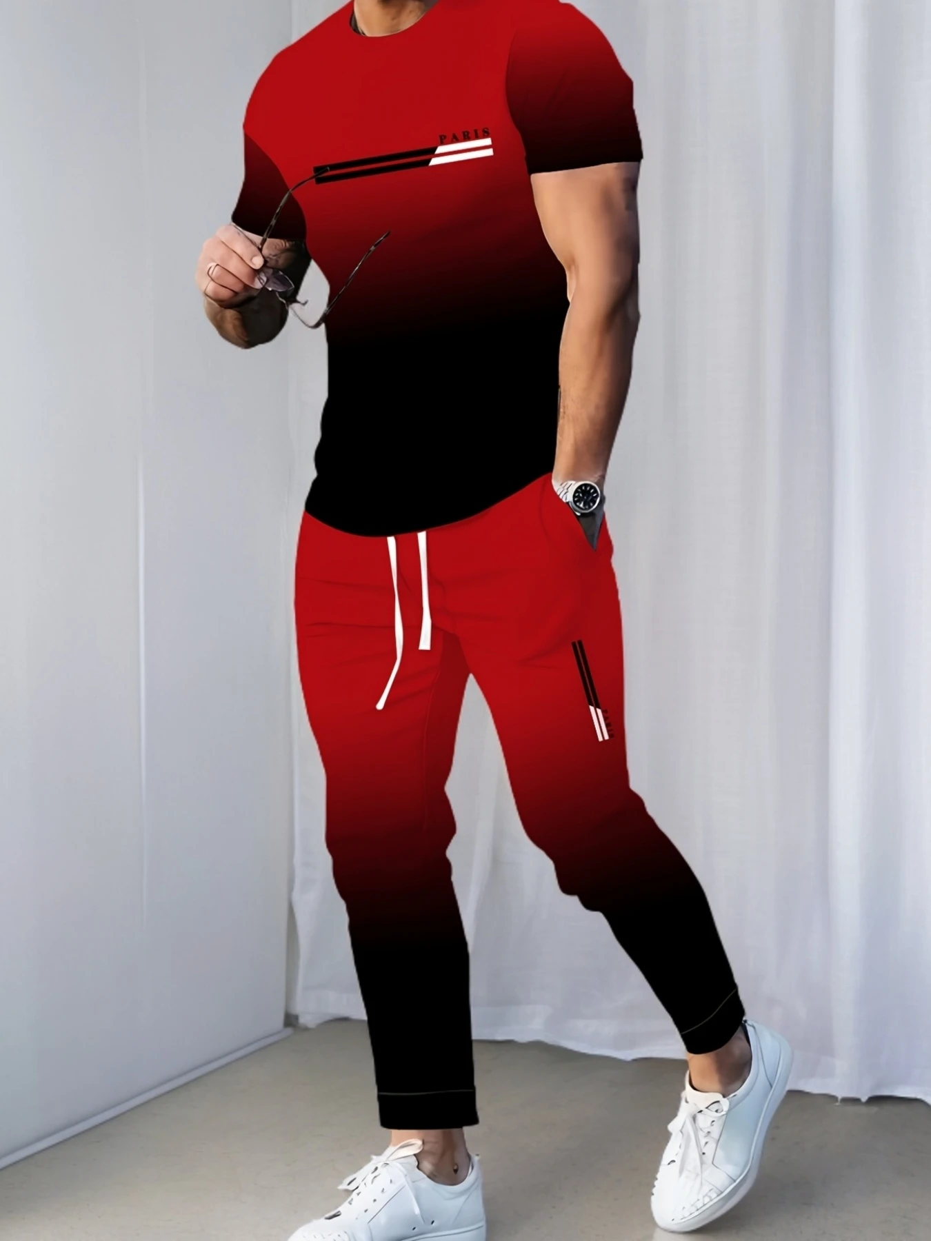 Fashion Casual Crew Neck 3D Printed Sports Short-Sleeve T-Shirt and Long Pants