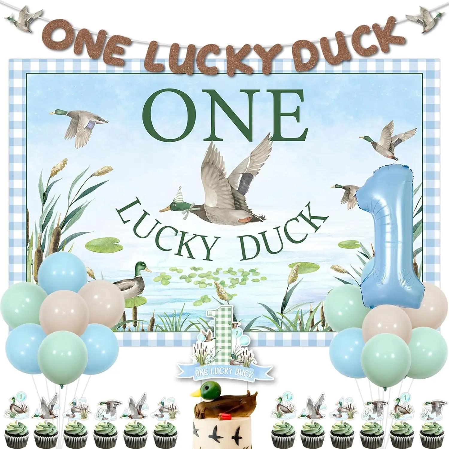 

One Lucky Duck First Birthday Decor Banner Backdrop Mallard Duck Cake Toppers Duck Hunting 1st Birthday Supplies