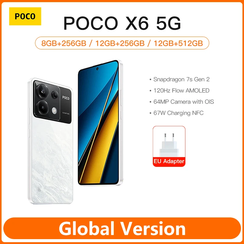 New POCO X6 5G Global Version Cellphone Snapdragon 7s Gen 2 NFC 6.67‘’ 1.5K 120Hz AMOLED Display 64MP Triple Camera 5100mAh 67W