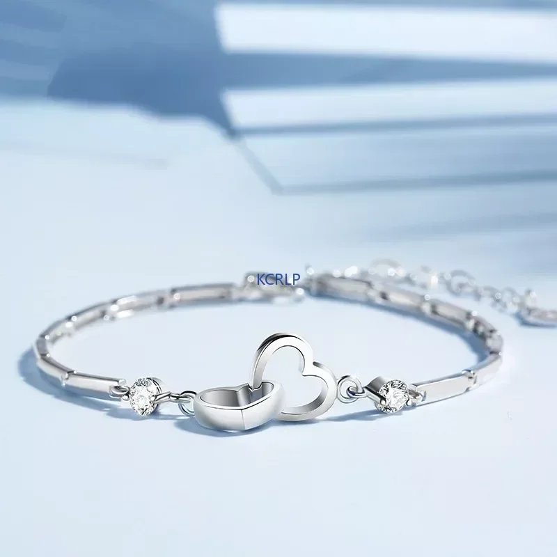 KCRLP 925 Sterling Silver Bracelets Bangles Charms Heart for Women Valentine's Days Cubic Zircon Wedding Love couple Jewelry