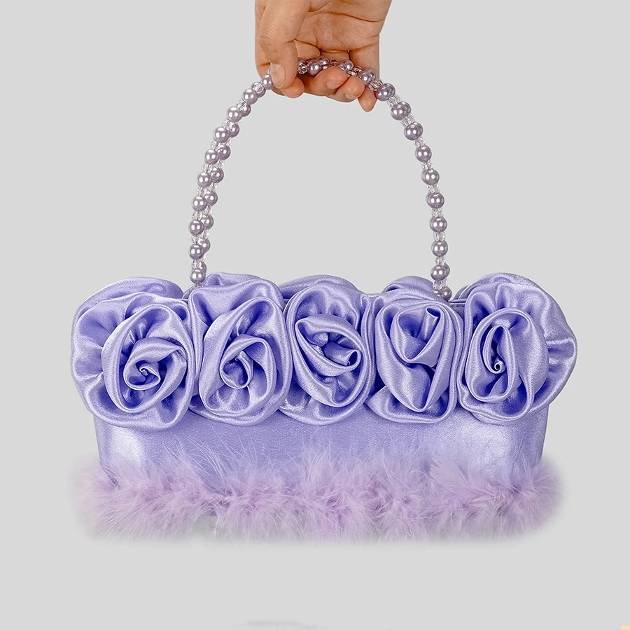 

Trendy Designer Stain Flower Evening Handbags and Purses 2023 New Feather Fur Wedding Clutch Pearl Handle Totes High Quality