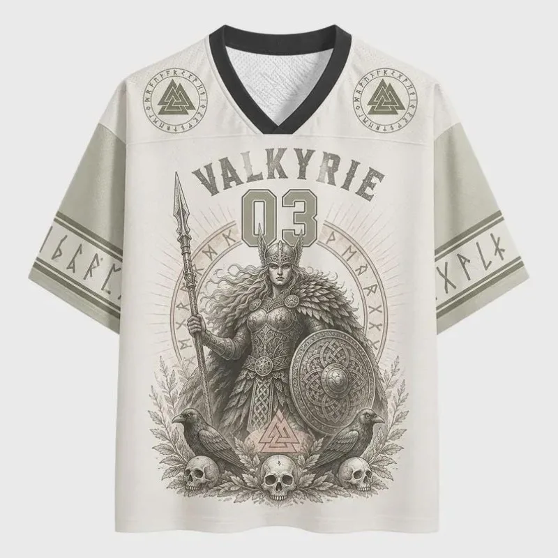 Viking Valkyrie Football Jersey Norse Runes Raven Skull Print V‑Neck Number 03 Color Block Short Sleeve Sports Tee Top