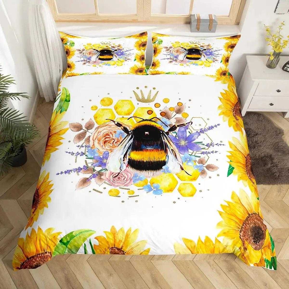 

Bee and Butterfly Duvet Cover Set,Spring Floral Bedding Sets for Boys Girls,Colorful Flowers Country Style Comforter Cover Queen