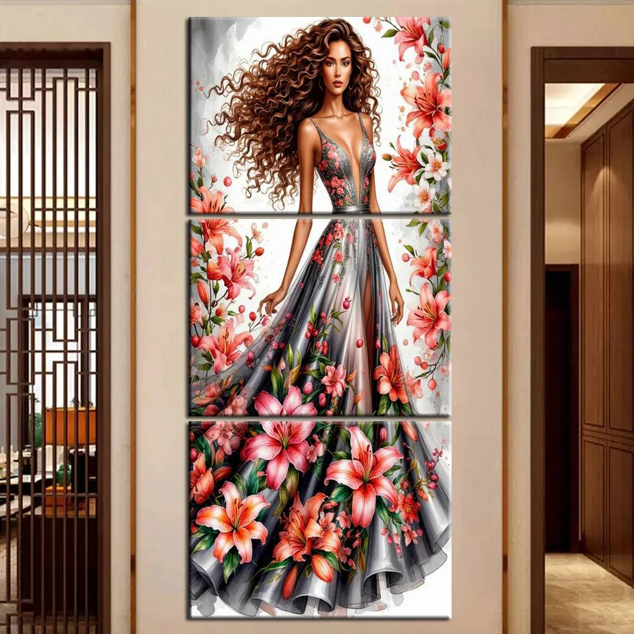 

Beautiful Woman Flowers Picture Diy Diamond Art Painting Triptych Colorful Lily Full Drill Mosaic Embroidery Kits 3 Pieces/Set