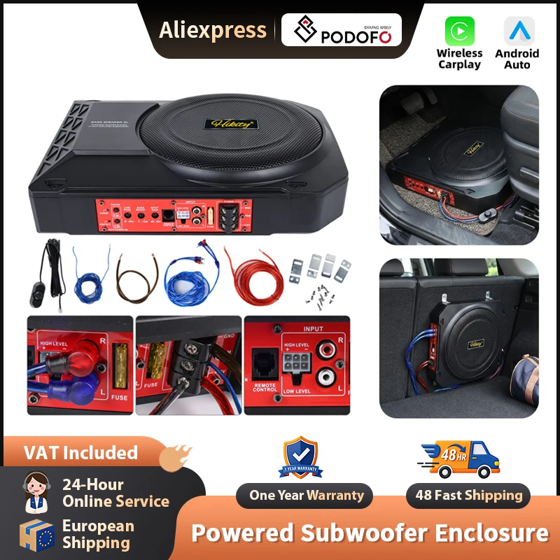 Podofo 10 Zoll Slim-Subwoofer für unter den Autositz, Auto-Audioverstärker, Audioprozessor, Musikplayer, Bass-Audiobox-Lautsprecher für Vans und Jeeps