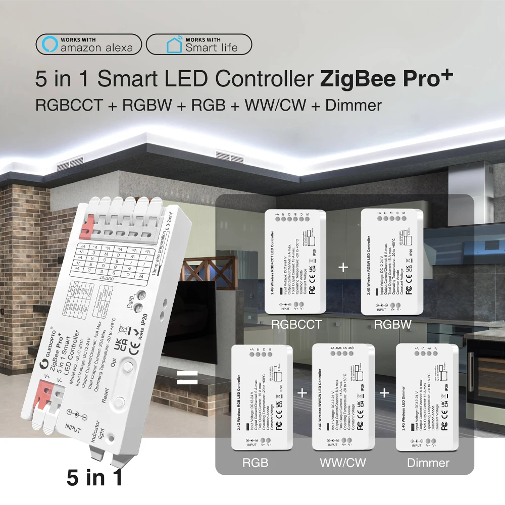 ZigBee LED Controller 5 in 1 Dimmer DC12V 24V Alexa Homey Tuya Smart APP Voice Control For DIM RGB CCT RGBW RGBCCT LED Strip