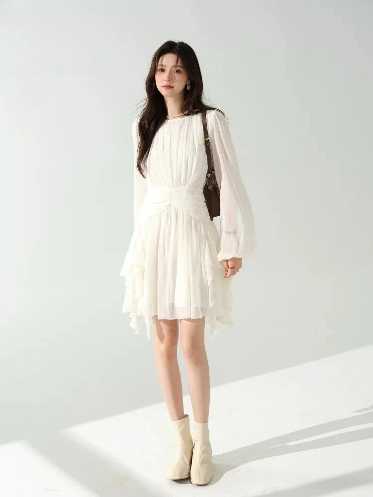 Gaun Midi Chiffon Lengan Panjang Elegan, Lembut, dan Bergaya dengan Desain Ruffle Prancis, Pinggang Ramping, dan Potongan Feminin untuk Wanita