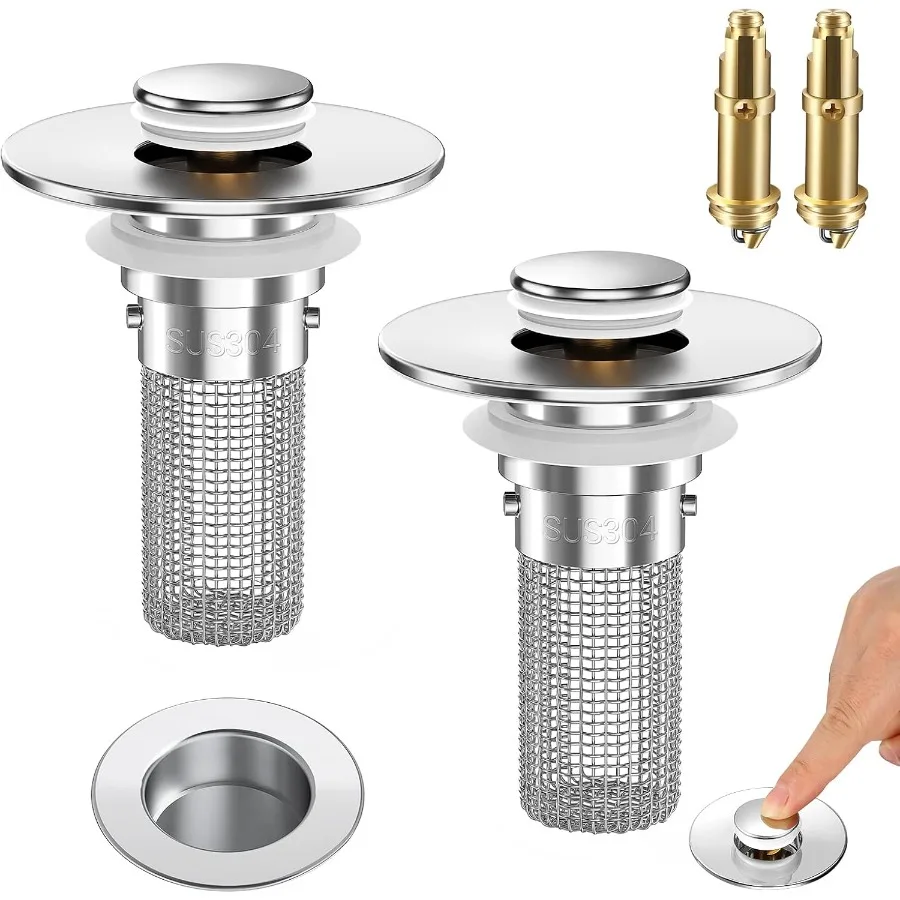 

2 шт., пробка для раковины в ванной, сито, всплывающий слив со съемной корзиной для улавливания волос из нержавеющей стали для универсальной ванны в США