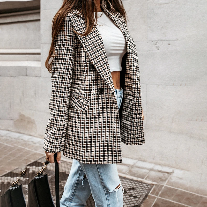 Autumn and Winter New Double Breasted Lapel Print Plaid Temperament Small Suit Women's Fashion Medium Length Windbreaker