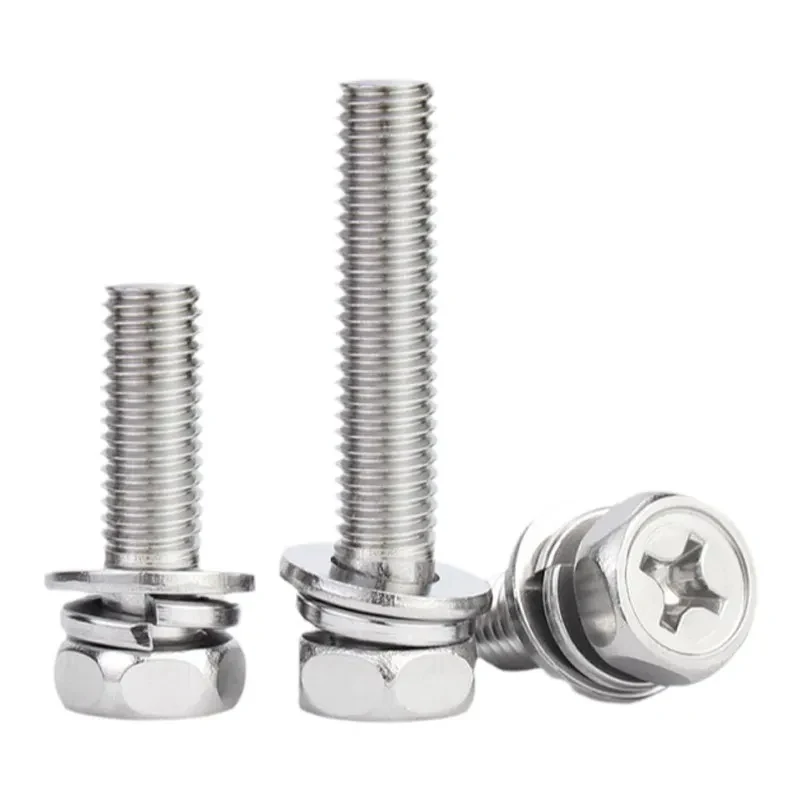 M8 M10 304 Stainless Steel Outer Hexagon Cross Recessed Screws with Flat & Spring Washers / Hex Head Phillips Bolt Set A2-70