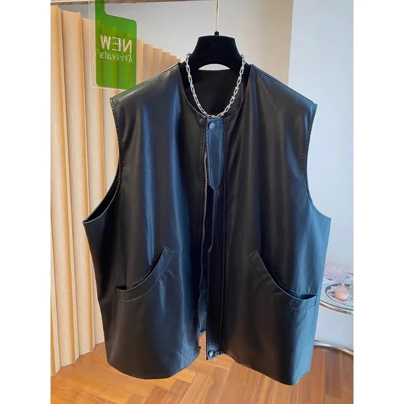 

Mid-Length PU Leather Vest Women's Spring/Autumn New Loose Casual Retro Sleeveless Leather Jacket