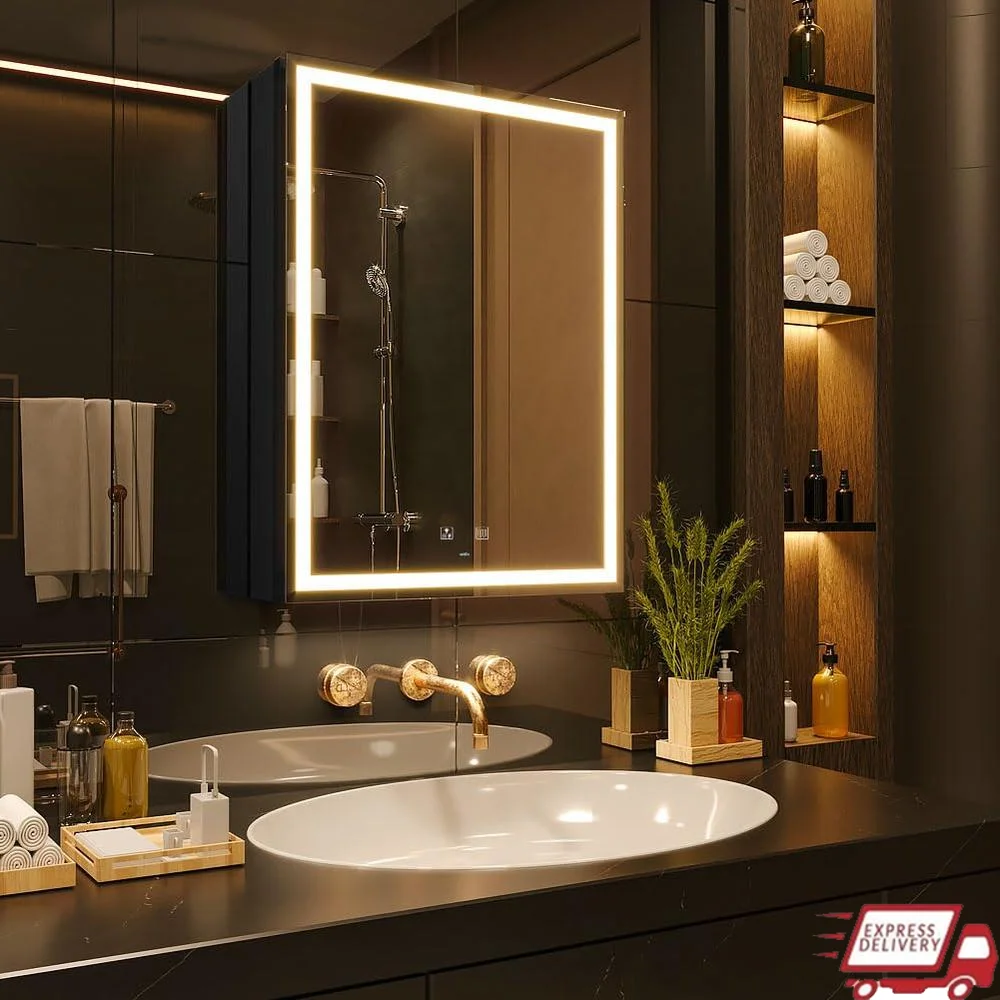 LEDライト付き医療用キャビネット,調光可能なライト,化粧鏡,壁取り付け,3色,20x28インチ