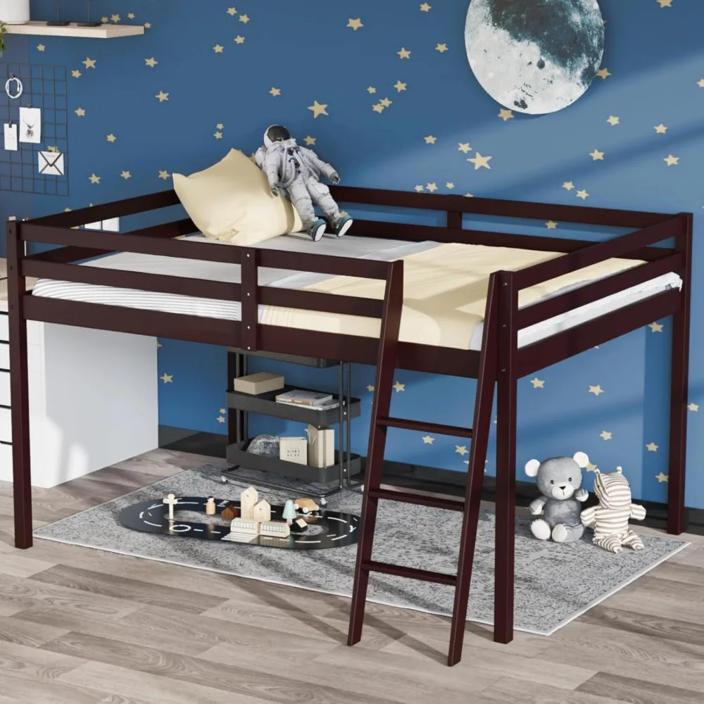 Junior Low Loft Bed with Stairs, Wood Loft Bed Twin Size for Adults, Kids and Young Teens, No Box Spring Required,Wood Slat