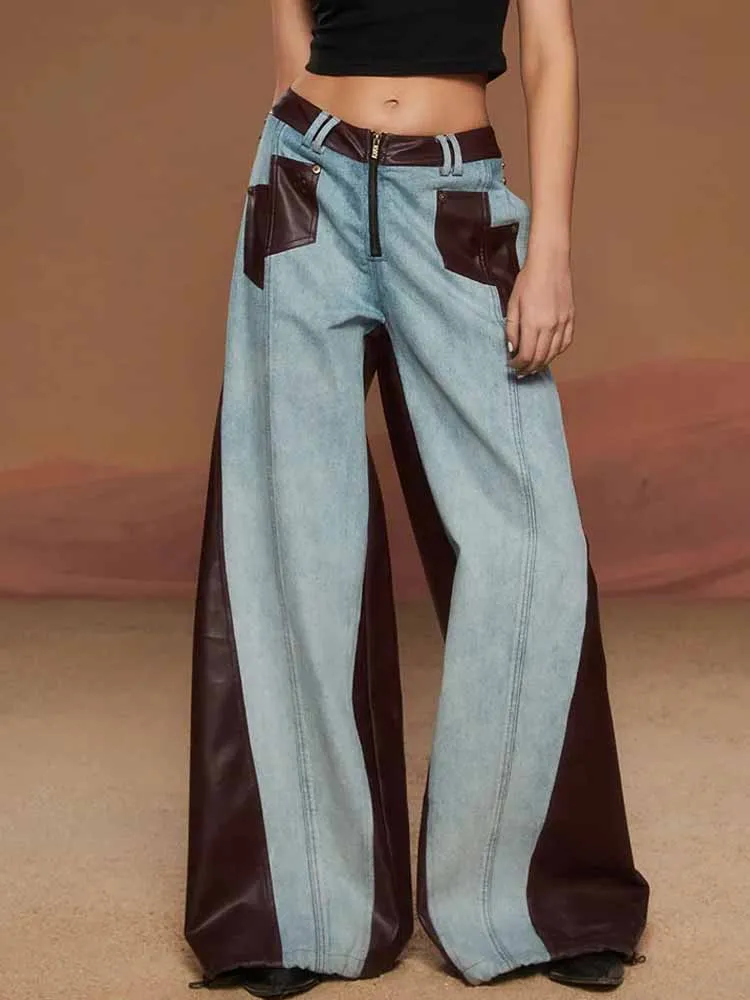 Celana Jeans Wanita MCDV Unik Model Patchwork Kulit 2025 Fashion Denim High Waist Ritsleting Warna Kontras Celana Kaki Lebar Vintage Street