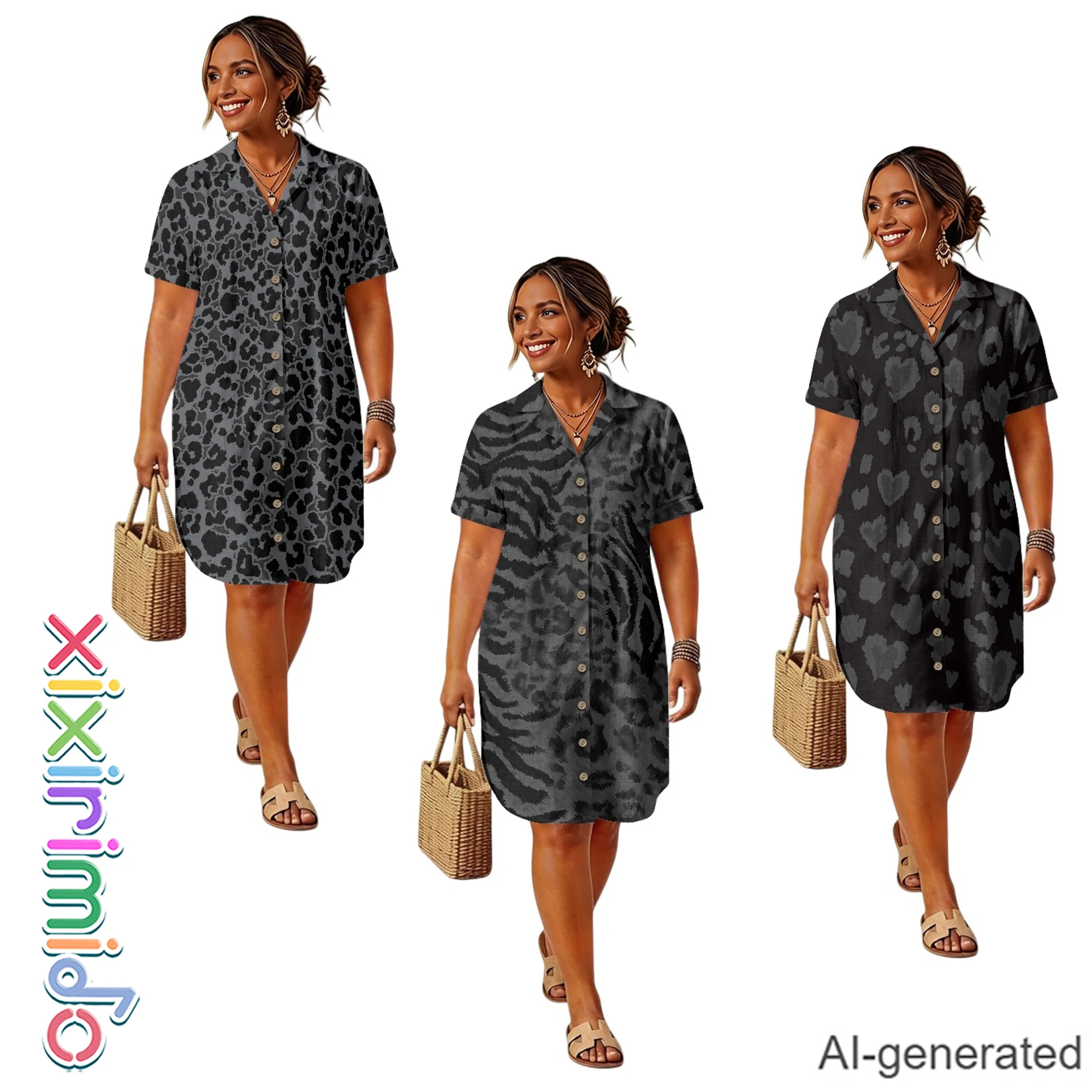 XIXIRIMIDO Summer Women's  Linen Dress Vintage Leopard Print Button-Down Short Sleeve Shirt Dress with Pockets Beach Vacation