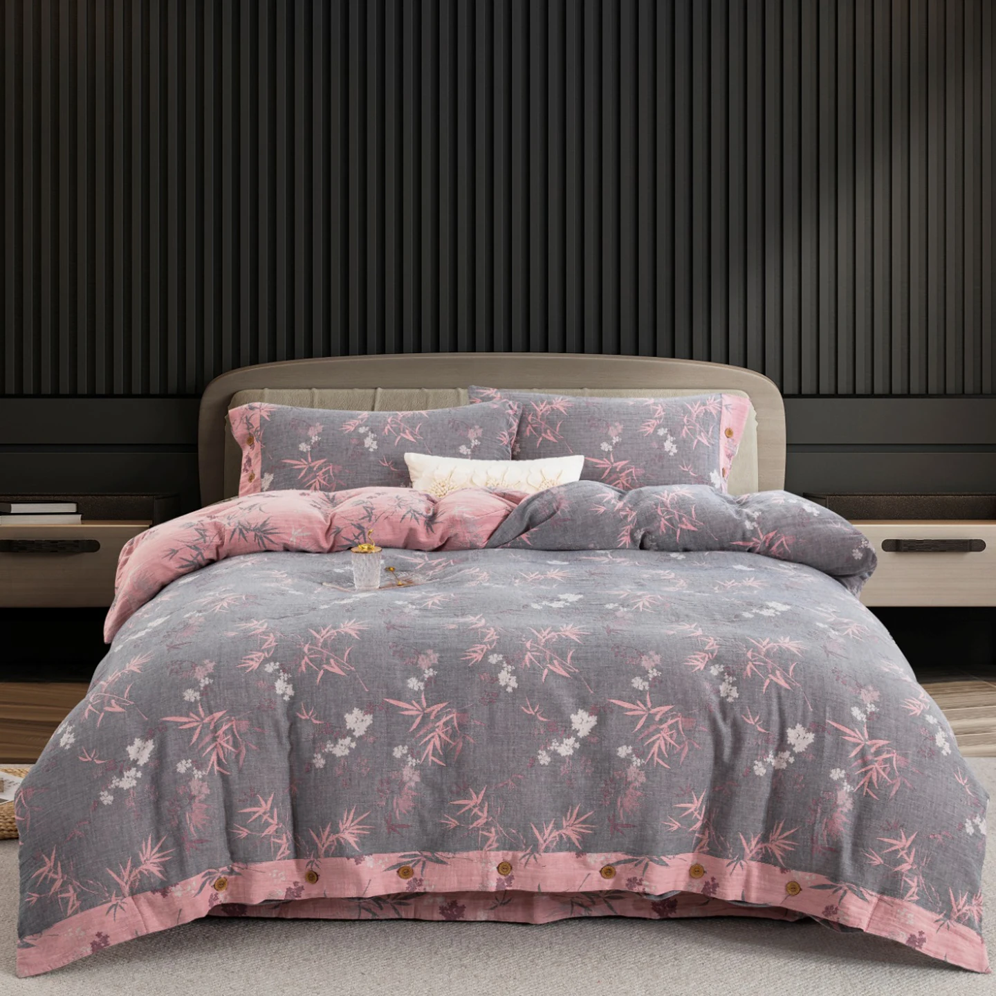 2026 New Style 100% Cotton Yarn-Dyed Jacquard Duvet Cover Set-Bamboo Rhyme Button Style 4pcs Comfortable Soft Lovely Decoration