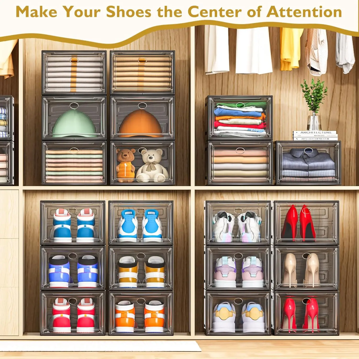12 Pack Clear Shoe Storage Organizer with Magnetic Door, Stackable Plastic Shoe Boxes for Sneakers, Boots, and Heels,